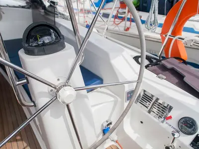 Cockpit of Klelia, a Bavaria Cruiser 40 sailboat at Preveza, Greece