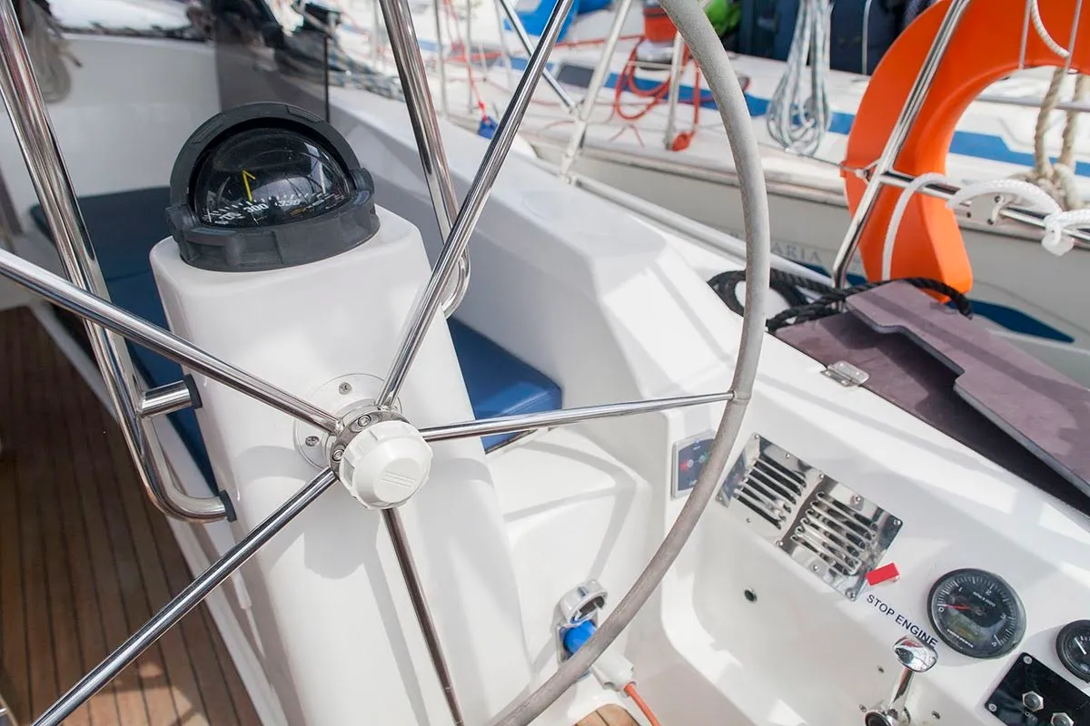 Cockpit of Klelia, a Bavaria Cruiser 40 sailboat at Preveza, Greece