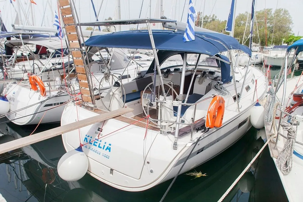 Exterior view of Klelia, a Bavaria Cruiser 40 sailboat at Preveza, Greece