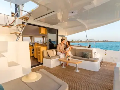 Deck of Three Little Birds, a Lagoon 42 catamaran at Propriano, France