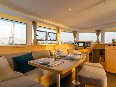 Salon of Three Little Birds, a Lagoon 42 catamaran at Propriano, France