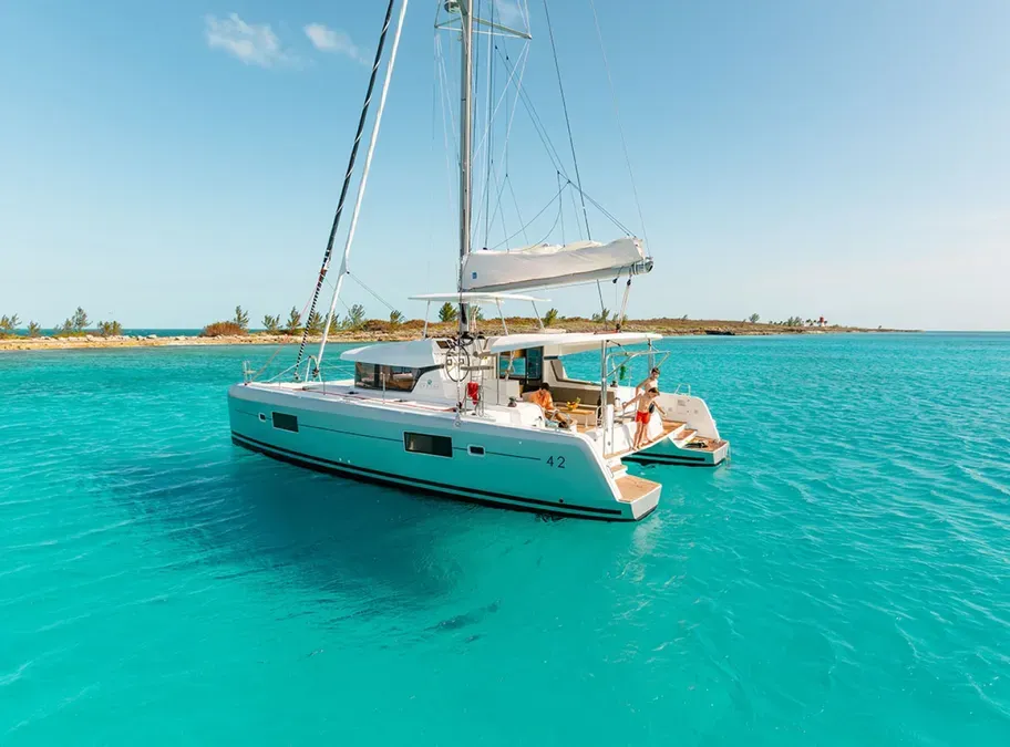 Exterior view of Three Little Birds, a Lagoon 42 catamaran at Propriano, France