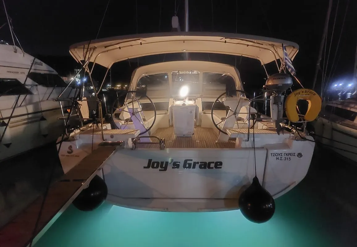 Exterior view of AF-O46.1, a Beneteau Oceanis 46.1 sailboat at Municipal Unit of Lefkada, Greece