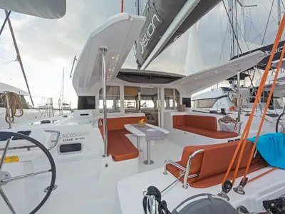 Cockpit of Excessive, a Excess 12 catamaran at Kos, Greece