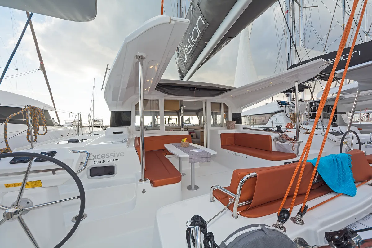 Cockpit of Excessive, a Excess 12 catamaran at Kos, Greece
