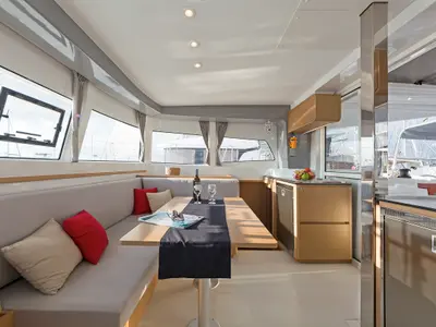 Salon of Excessive, a Excess 12 catamaran at Kos, Greece