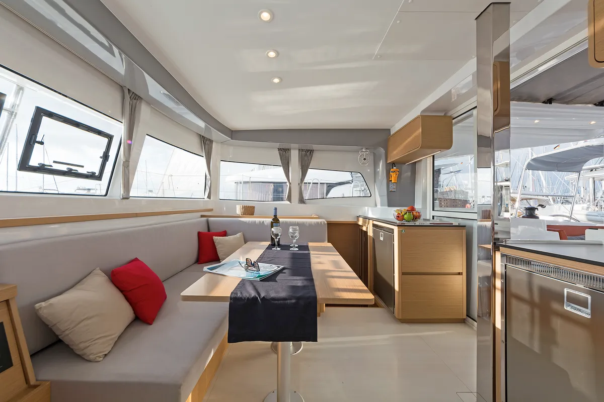 Salon of Excessive, a Excess 12 catamaran at Kos, Greece