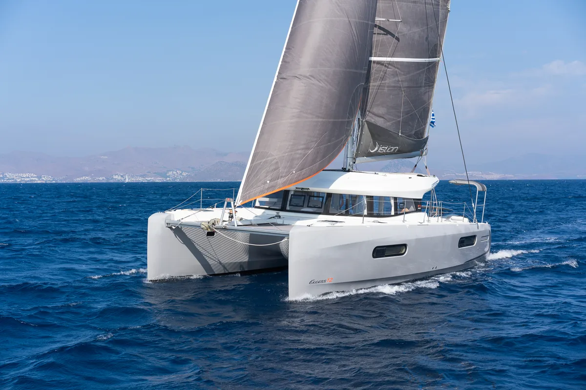 Exterior view of Excessive, a Excess 12 catamaran at Kos, Greece
