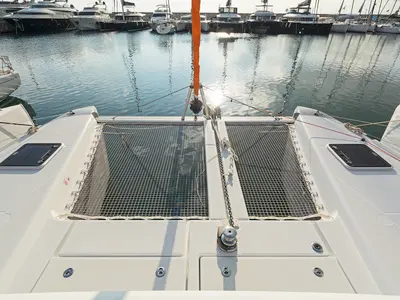 Deck of Excessive, a Excess 12 catamaran at Kos, Greece