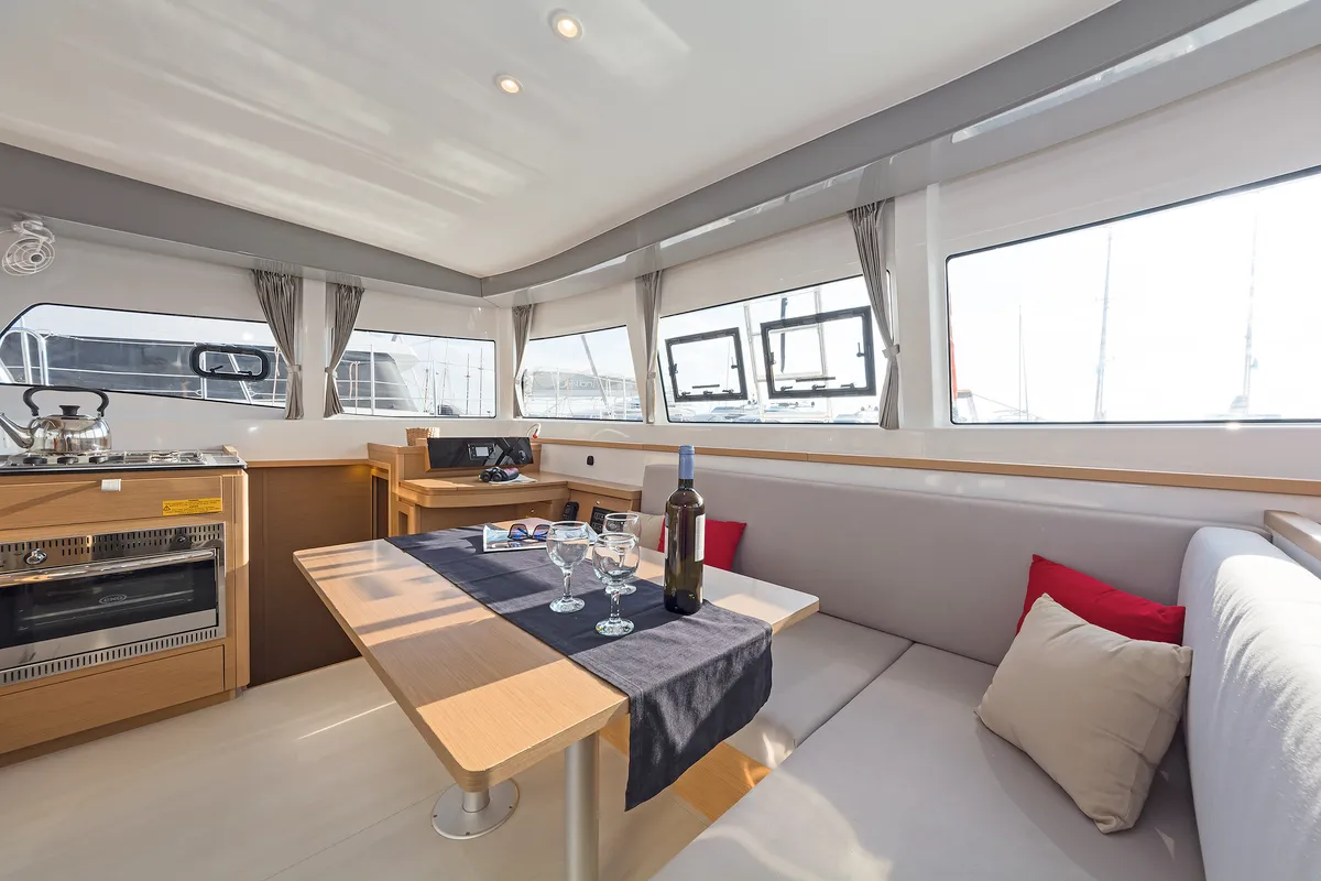 Salon of Excessive, a Excess 12 catamaran at Kos, Greece