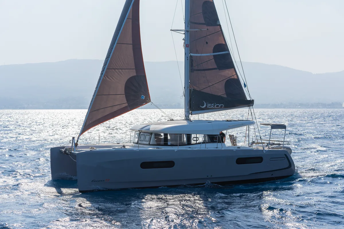 Exterior view of Excessive, a Excess 12 catamaran at Kos, Greece