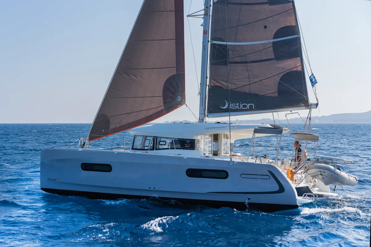 Exterior view of Excessive, a Excess 12 catamaran at Kos, Greece
