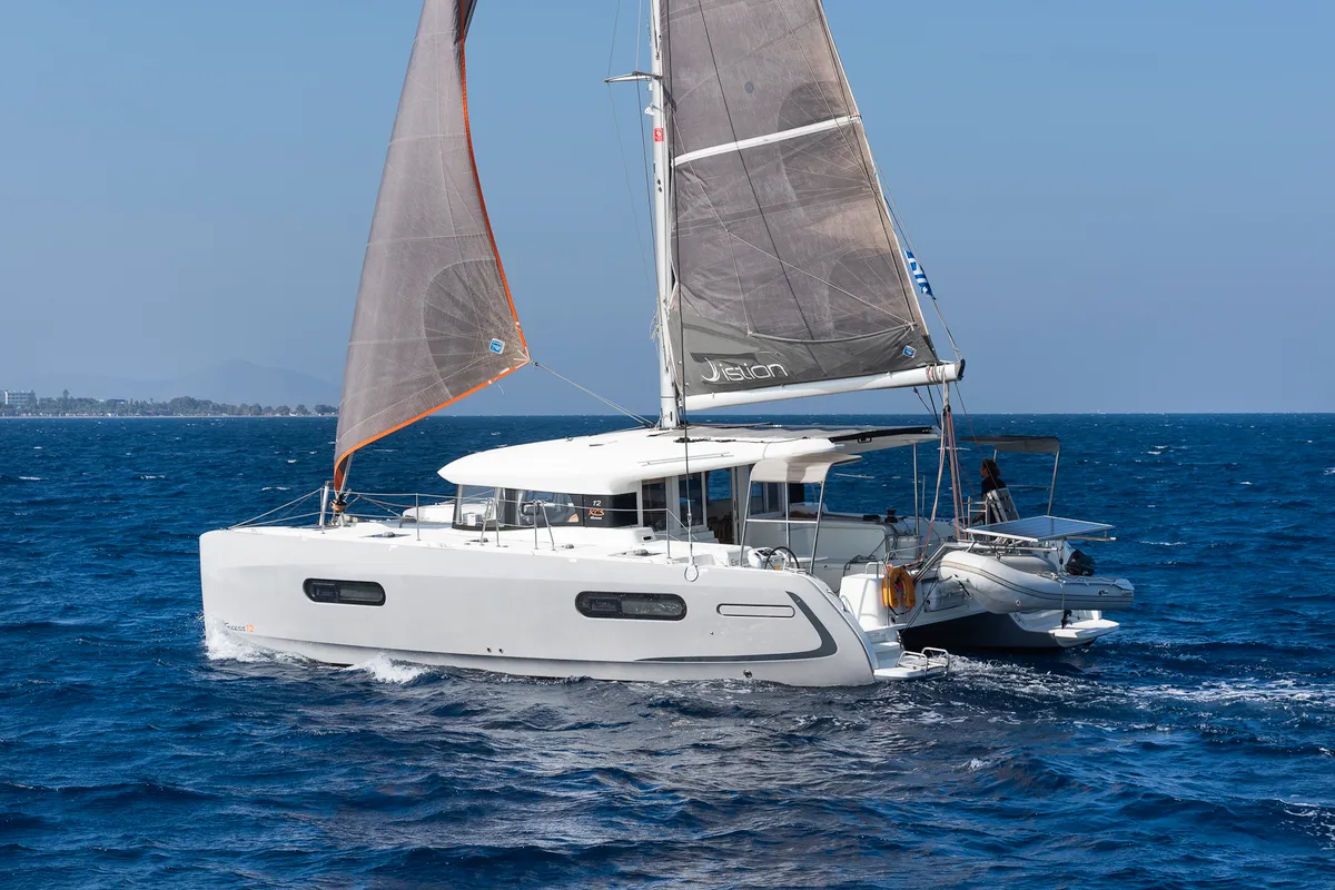 Exterior view of Excessive, a Excess 12 catamaran at Kos, Greece