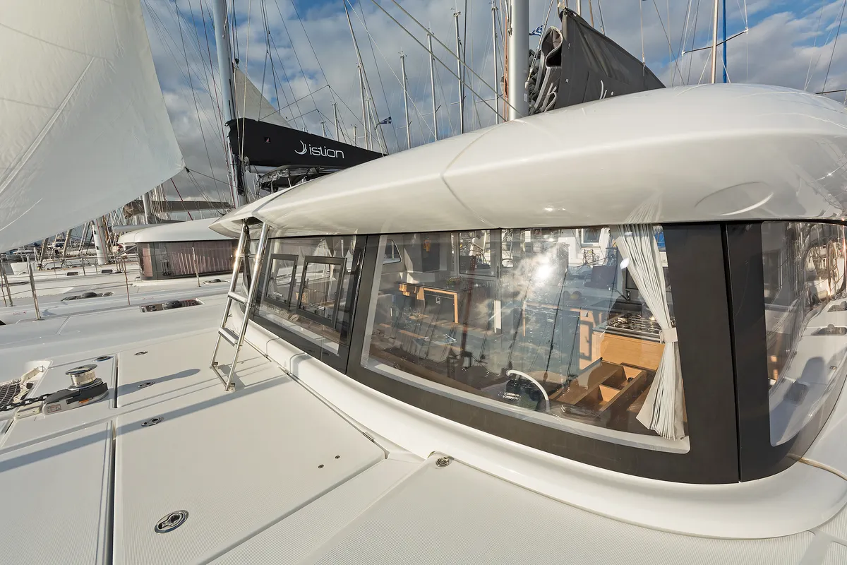 Deck of Excessive, a Excess 12 catamaran at Kos, Greece