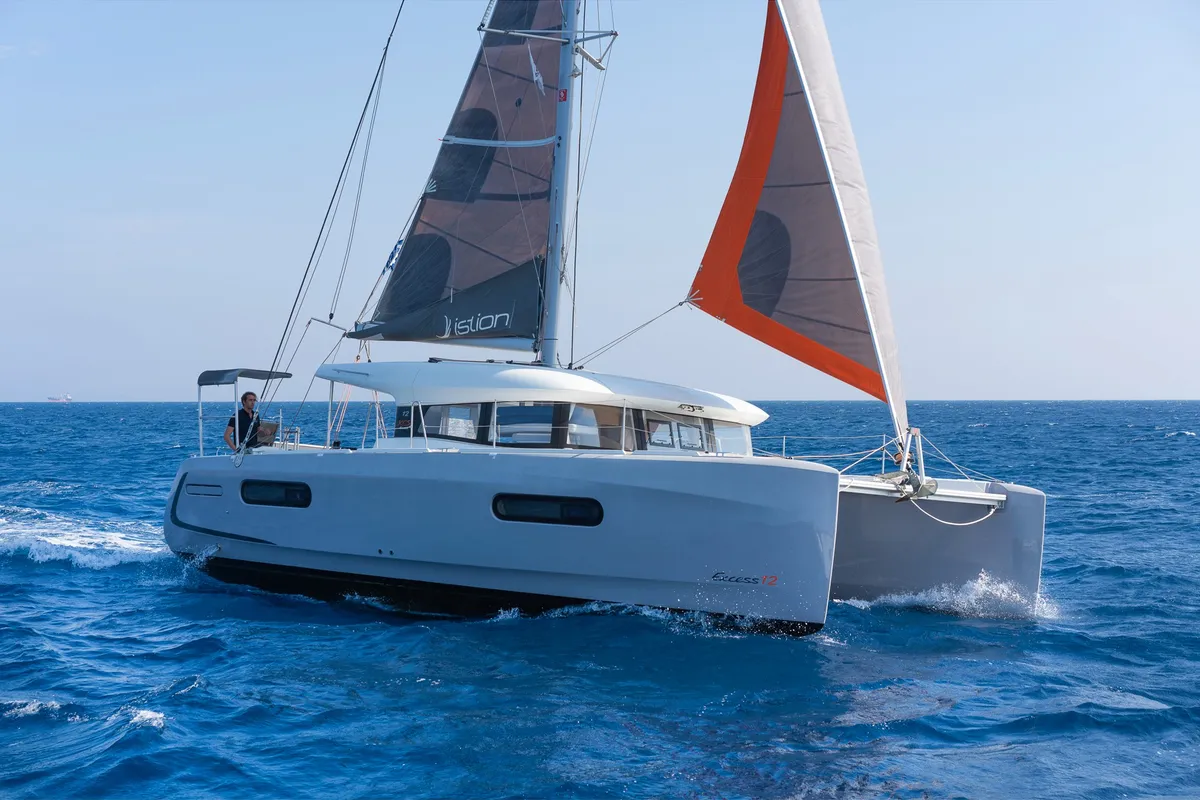 Exterior view of Excessive, a Excess 12 catamaran at Kos, Greece