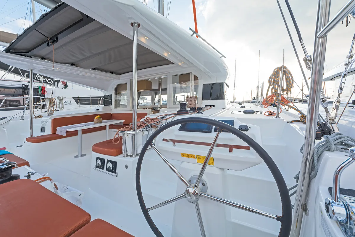Cockpit of Excessive, a Excess 12 catamaran at Kos, Greece