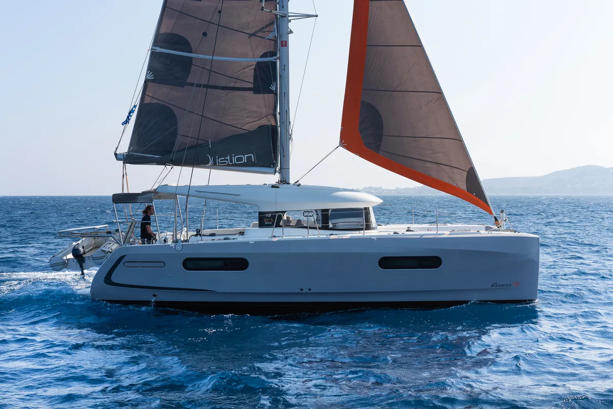 Exterior view of Excessive, a Excess 12 catamaran at Kos, Greece