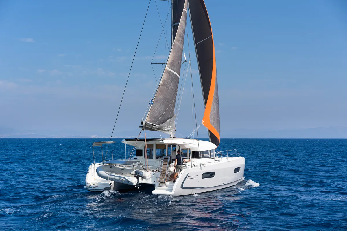 Exterior view of Excessive, a Excess 12 catamaran at Kos, Greece