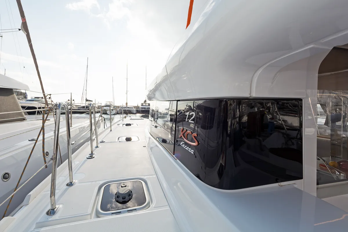 Deck of Excessive, a Excess 12 catamaran at Kos, Greece