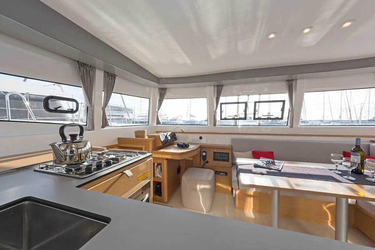 Galley of Excessive, a Excess 12 catamaran at Kos, Greece