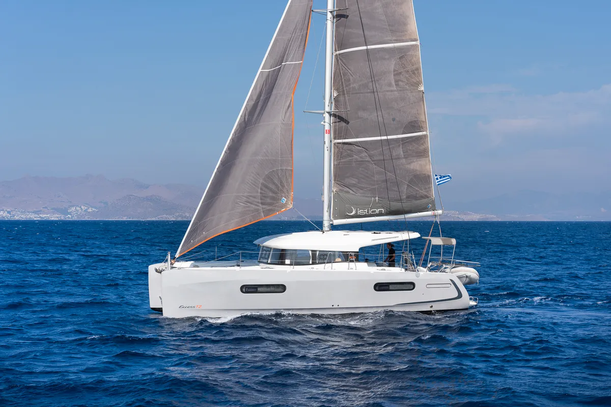 Exterior view of Excessive, a Excess 12 catamaran at Kos, Greece