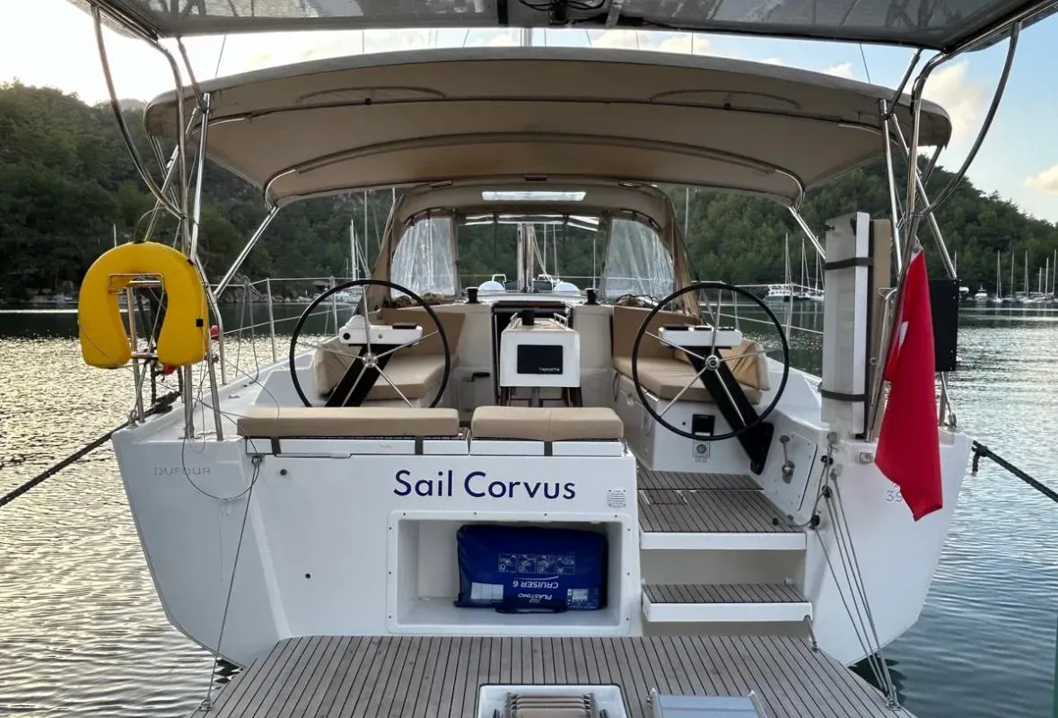 Exterior view of Sail Corvus, a Dufour 390 GL sailboat at Marmaris, Turkey