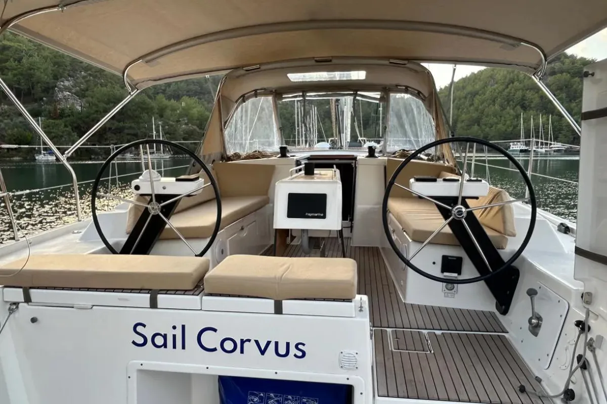 Cockpit of Sail Corvus, a Dufour 390 GL sailboat at Marmaris, Turkey