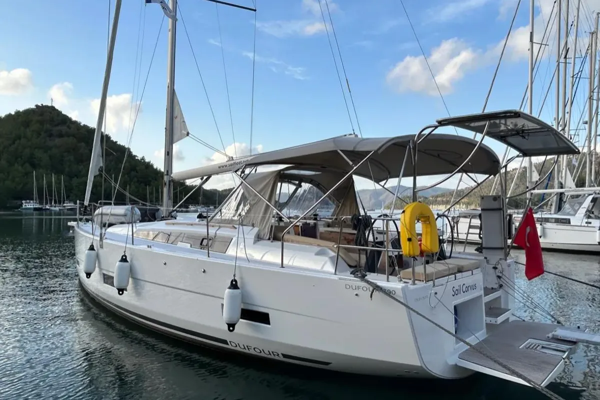 Exterior view of Sail Corvus, a Dufour 390 GL sailboat at Marmaris, Turkey