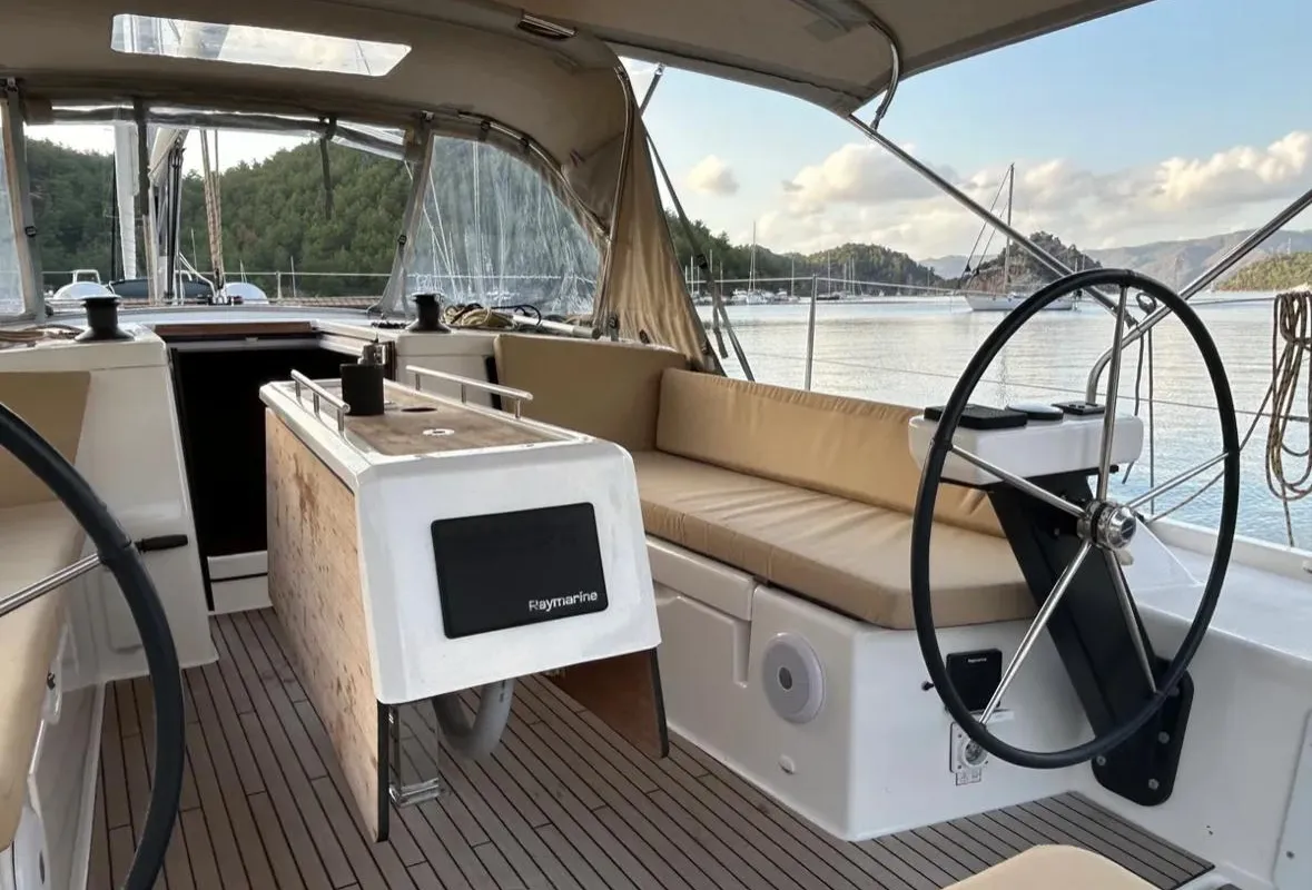 Cockpit of Sail Corvus, a Dufour 390 GL sailboat at Marmaris, Turkey