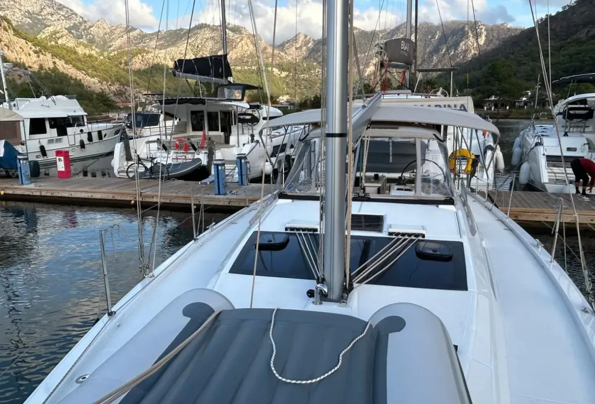 Deck of Sail Corvus, a Dufour 390 GL sailboat at Marmaris, Turkey