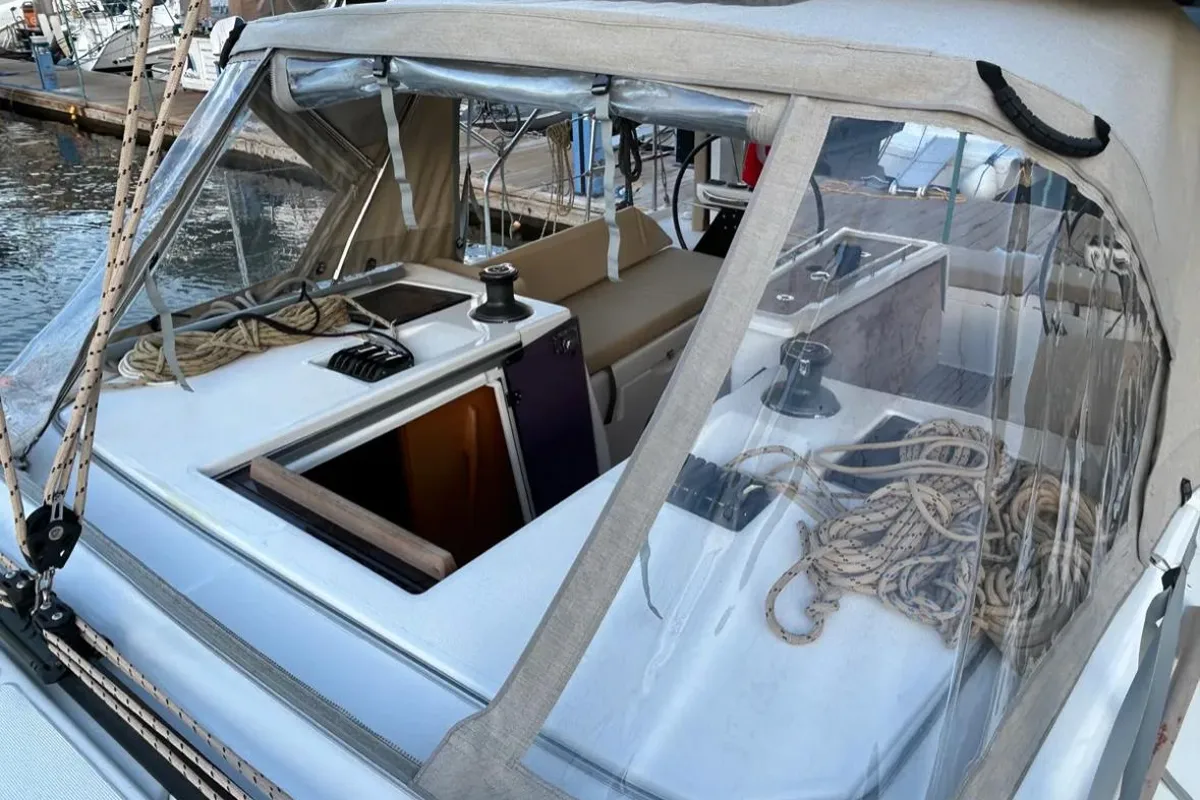 Deck of Sail Corvus, a Dufour 390 GL sailboat at Marmaris, Turkey