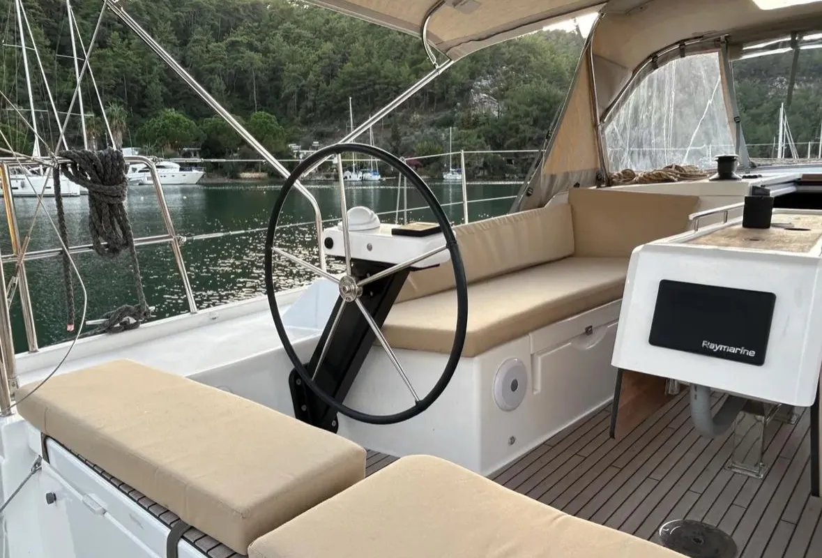 Deck of Sail Corvus, a Dufour 390 GL sailboat at Marmaris, Turkey