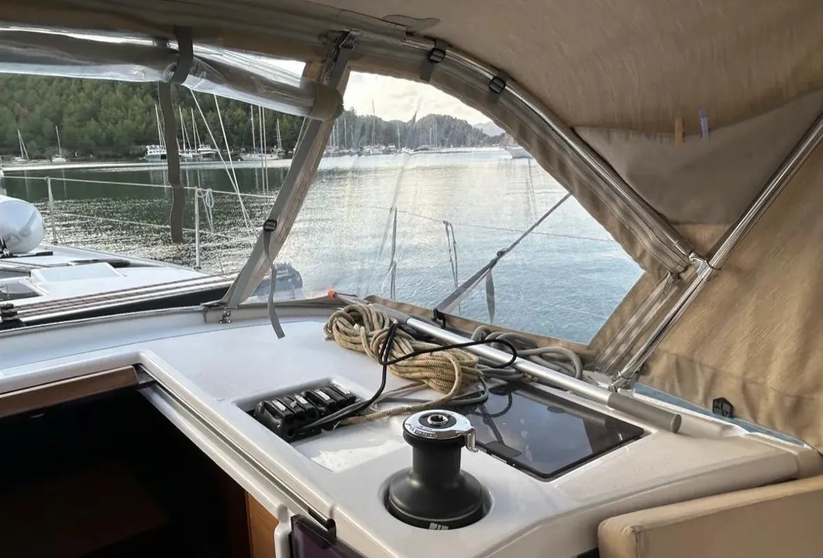 Deck of Sail Corvus, a Dufour 390 GL sailboat at Marmaris, Turkey