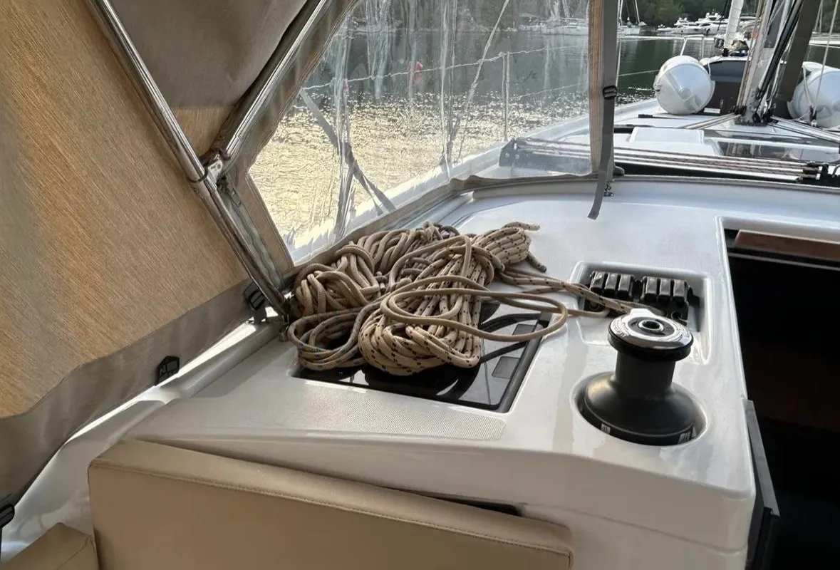 Deck of Sail Corvus, a Dufour 390 GL sailboat at Marmaris, Turkey
