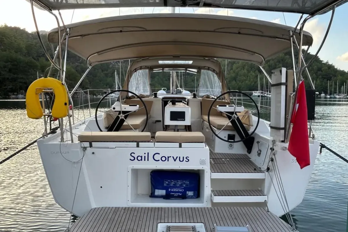 Exterior view of Sail Corvus, a Dufour 390 GL sailboat at Marmaris, Turkey