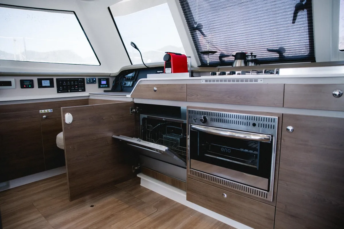 Galley of Moana 2, a Bali Catspace catamaran at Fethiye, Turkey