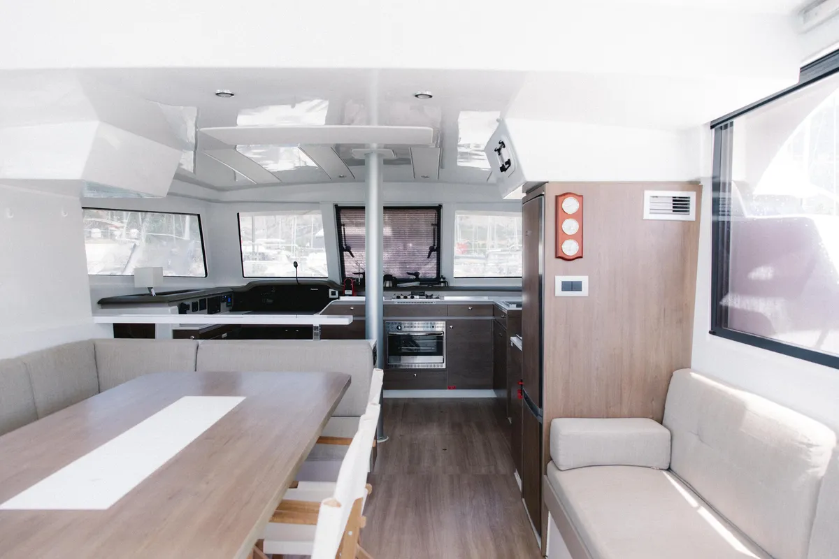 Salon of Moana 2, a Bali Catspace catamaran at Fethiye, Turkey