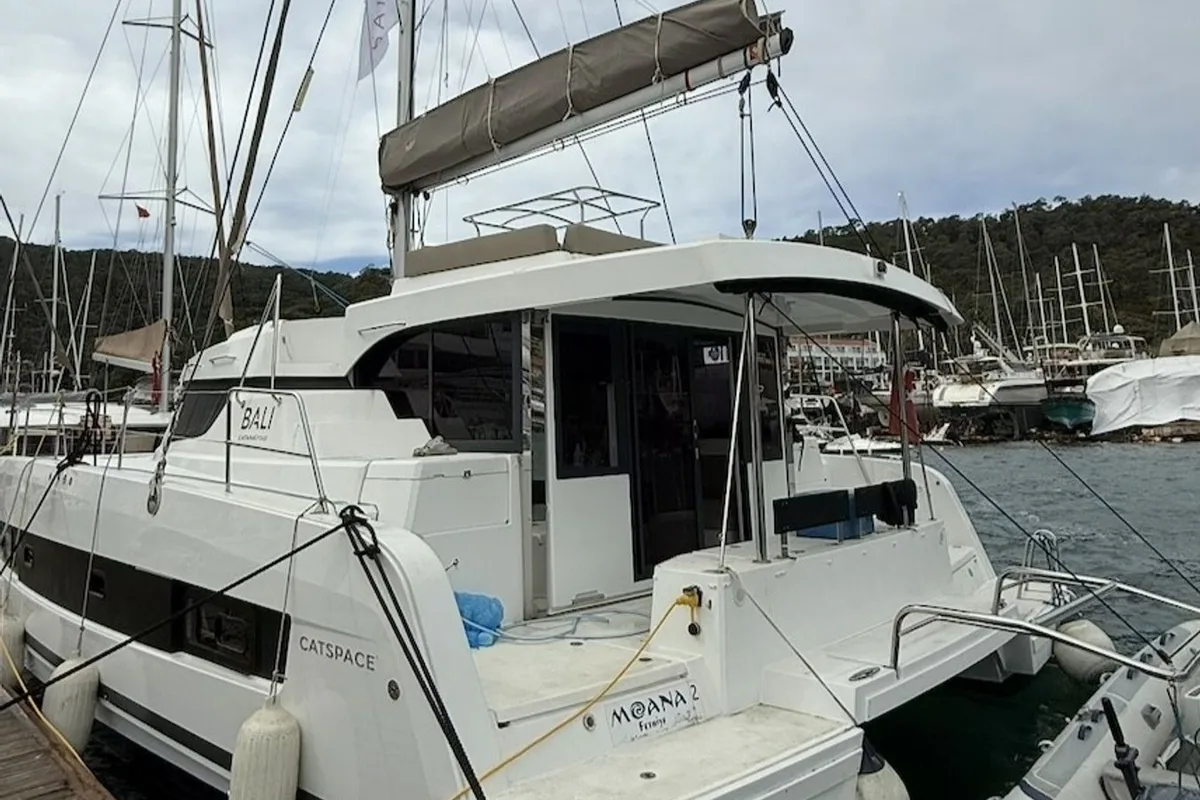 Exterior view of Moana 2, a Bali Catspace catamaran at Fethiye, Turkey
