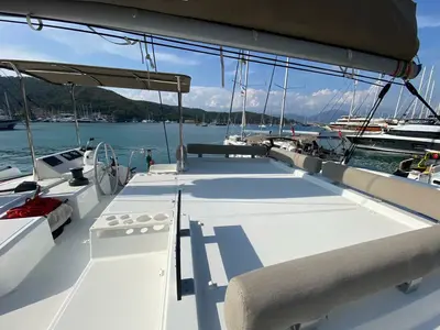 Cockpit of Moana 2, a Bali Catspace catamaran at Fethiye, Turkey
