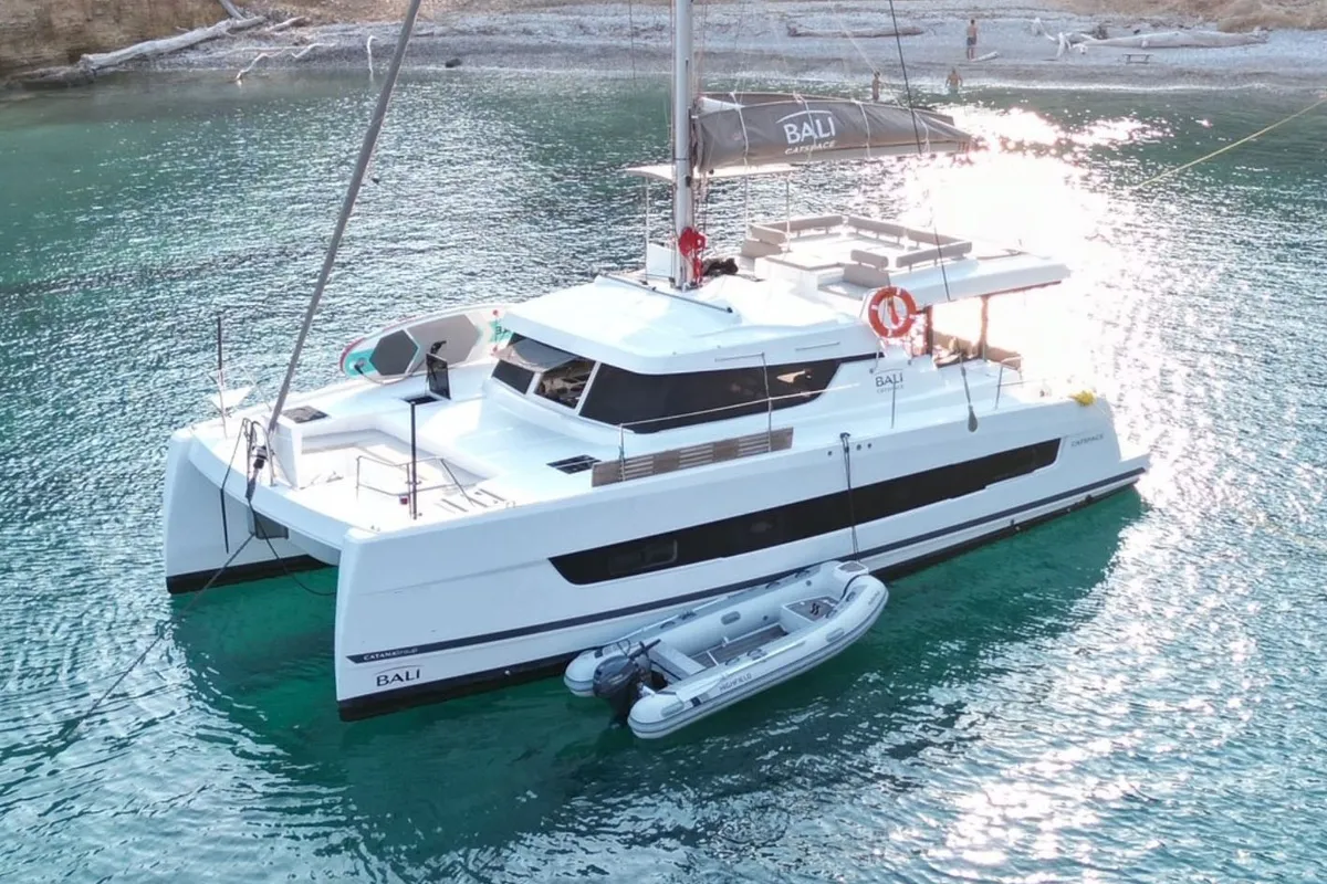 Exterior view of Moana 2, a Bali Catspace catamaran at Fethiye, Turkey