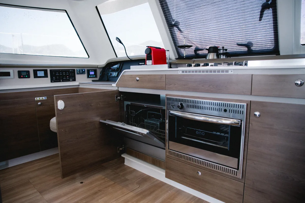 Galley of Moana 2, a Bali Catspace catamaran at Fethiye, Turkey