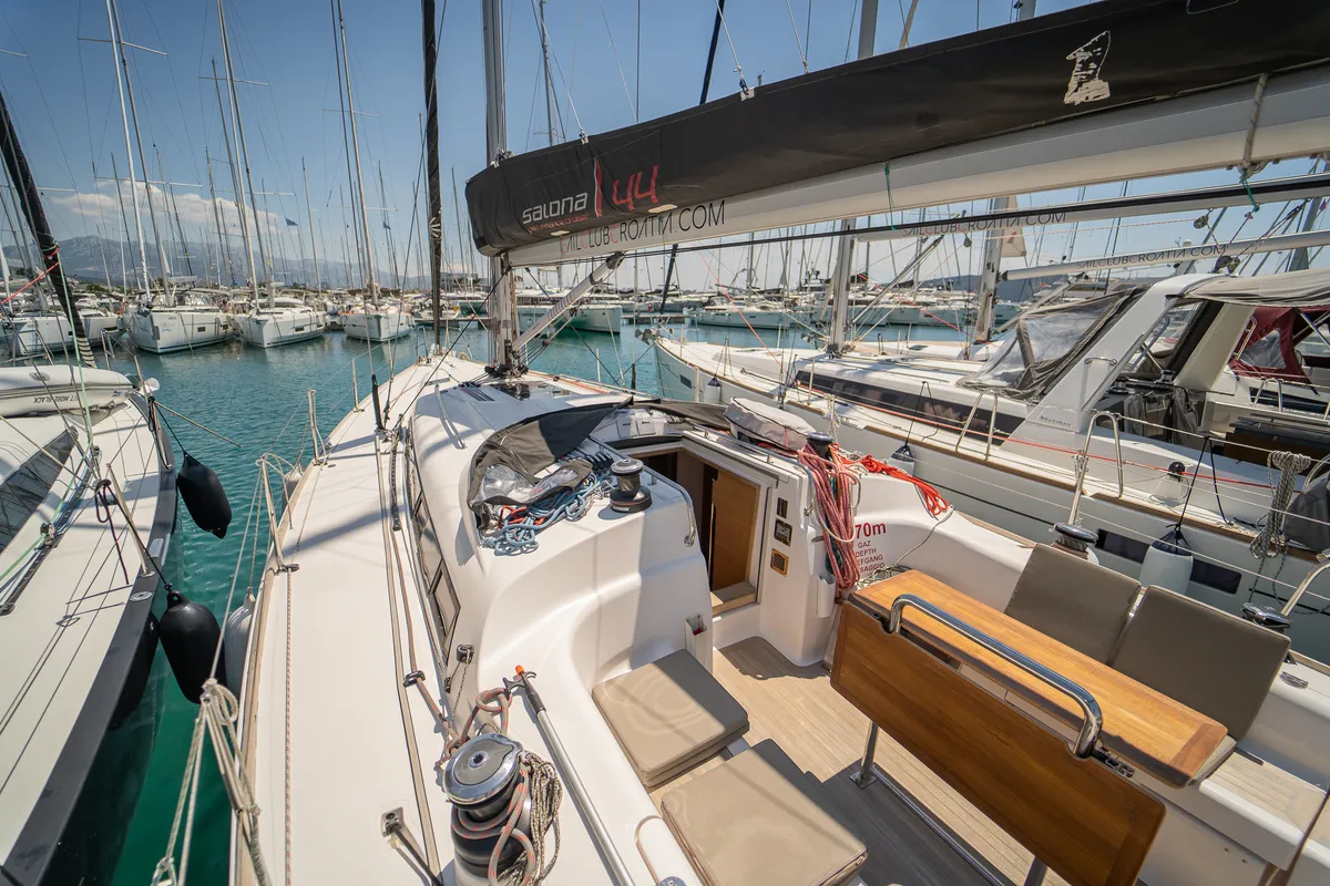 Deck of Calanthe, a AD Boats Salona 44 sailboat at Kaštela, Croatia