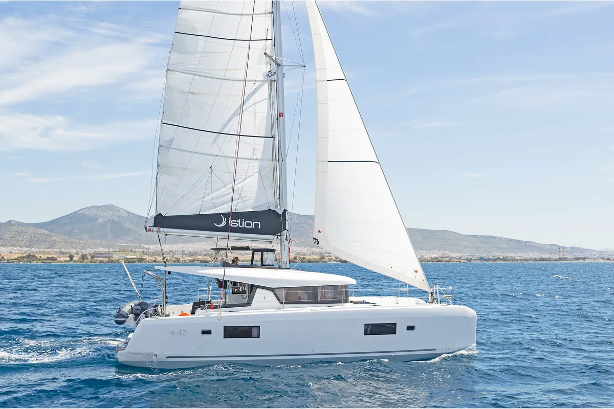 Exterior view of Dream Waters, a Lagoon 42 catamaran at Volos, Greece