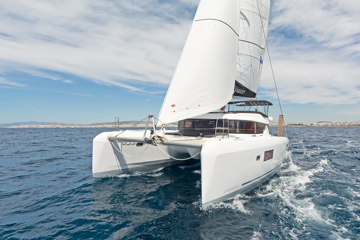 Exterior view of Dream Waters, a Lagoon 42 catamaran at Volos, Greece