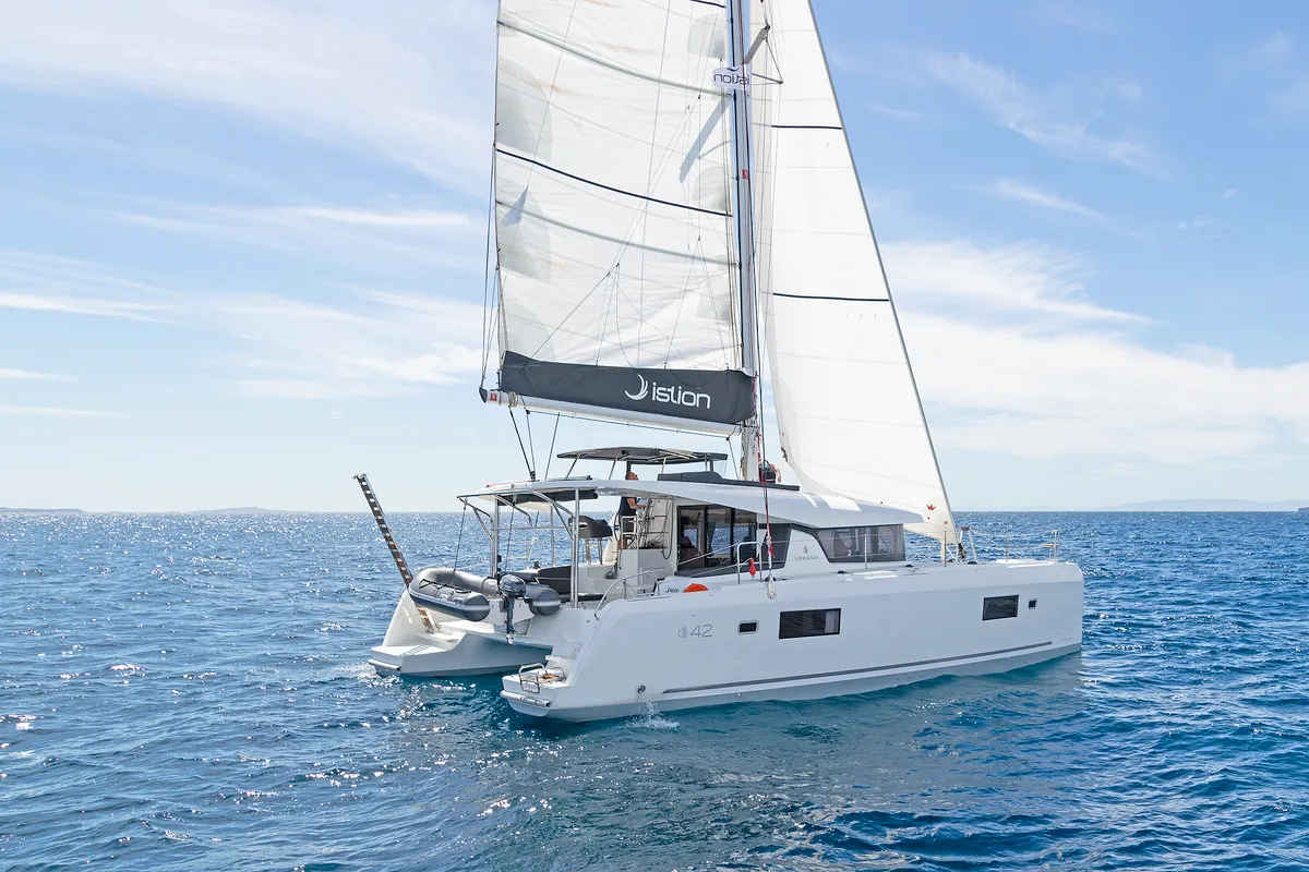 Exterior view of Dream Waters, a Lagoon 42 catamaran at Volos, Greece