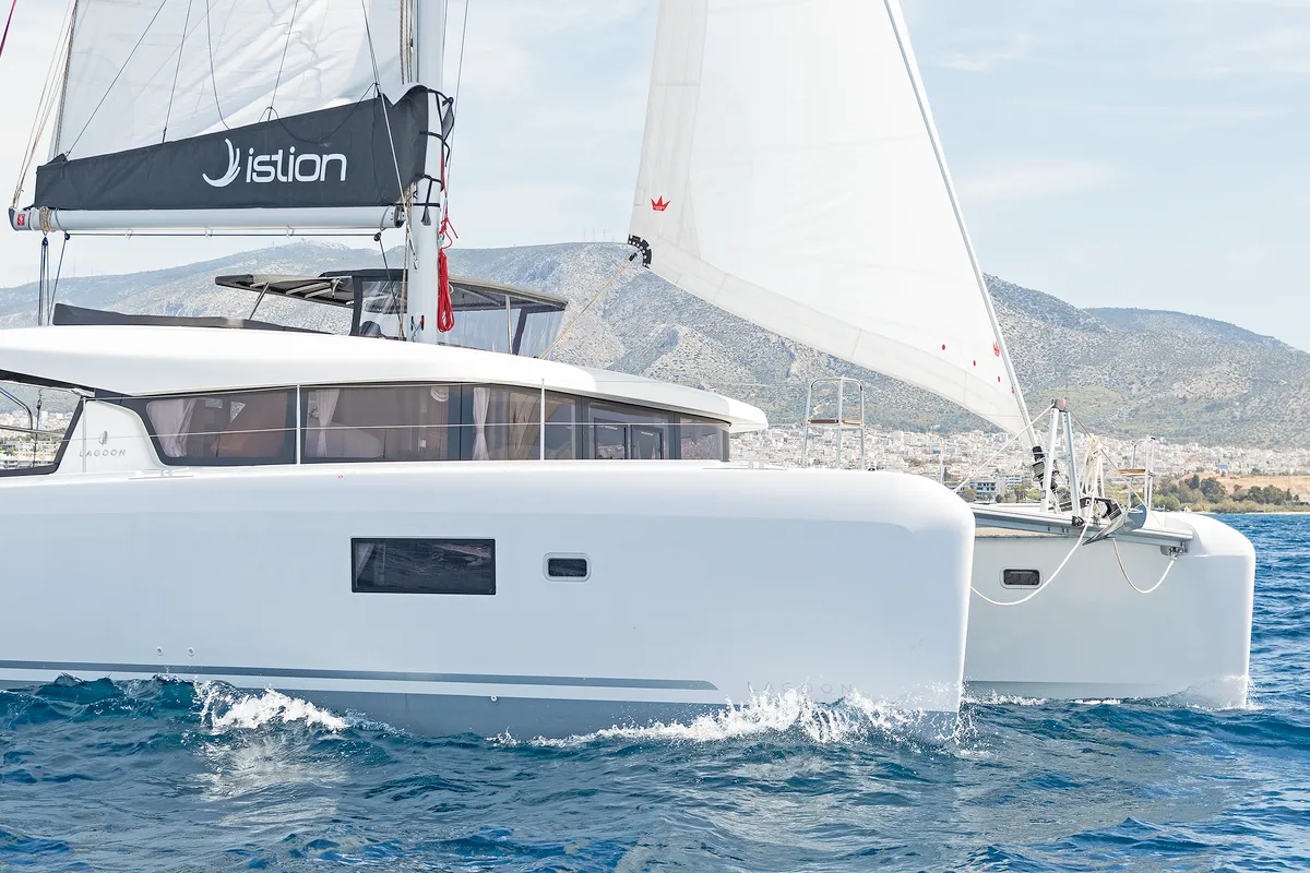 Exterior view of Dream Waters, a Lagoon 42 catamaran at Volos, Greece