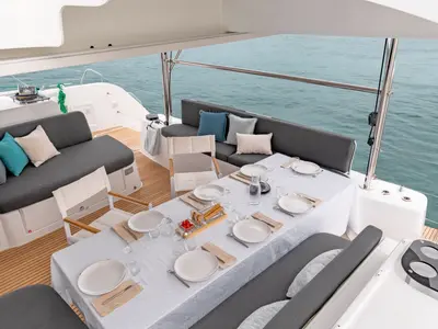 Deck of Silver Elli, a Lagoon 46 catamaran at Sant Antoni de Portmany, Spain