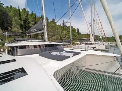 Deck of First Life, a Fountaine Pajot Tanna 47 catamaran at Skradin, Croatia