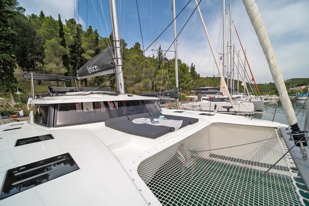 Deck of First Life, a Fountaine Pajot Tanna 47 catamaran at Skradin, Croatia