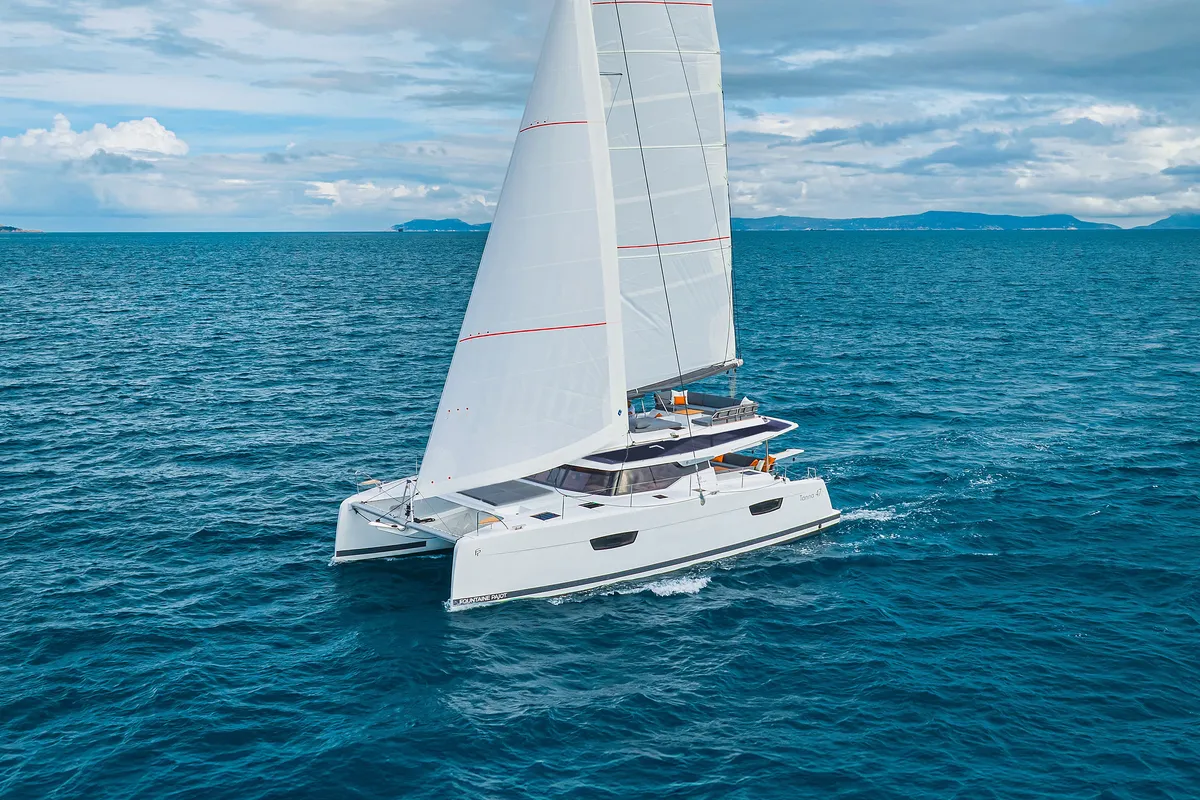 Exterior view of First Life, a Fountaine Pajot Tanna 47 catamaran at Skradin, Croatia